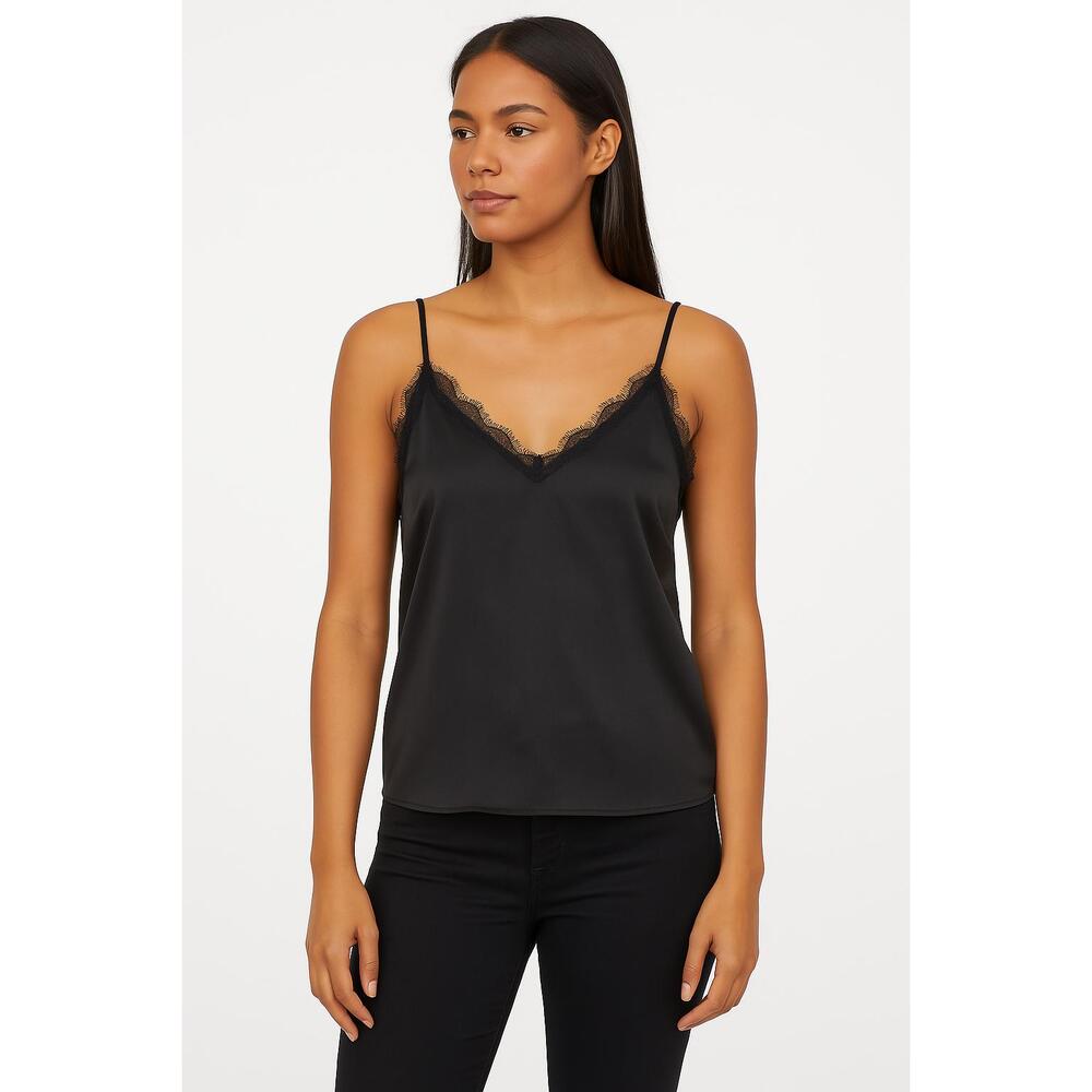 Leith Camisole Womens Small Black Lace Trim Spaghetti Straps V Neck USA